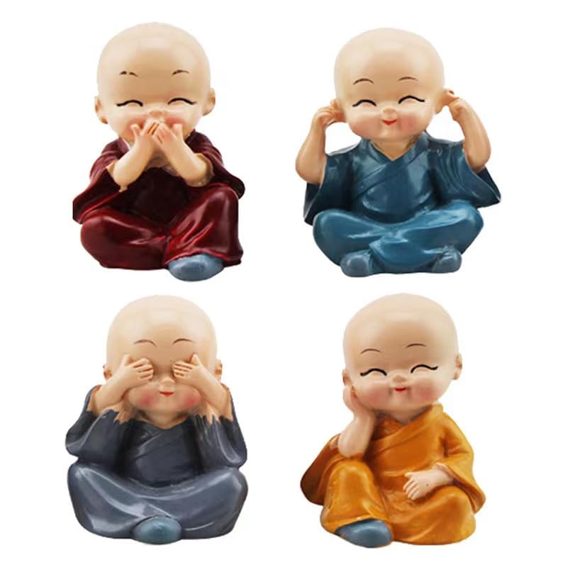 Adorable Kung Fu Monk Statue Set - 4 Pieces, Wise Figure Baby Little Monk Sculpture - Collectibles, Crafts, Art, Zen Decoration - Great for Wall Shelf, Tabletop, Garden, Home, Office