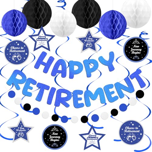 Happy Retirement Party Decorations for Men, Blue Happy Retirement Banner, Honeycomb Balls, Hanging Swirl,Retired Parties Supplies.