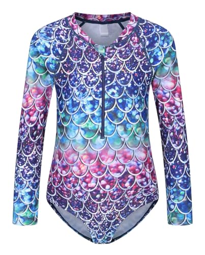 Image of Girls One Piece Rash Guard Long Sleeve Swimsuits for Girls UPF 50+ Sun Protection Bathing Suits 3-16 Years