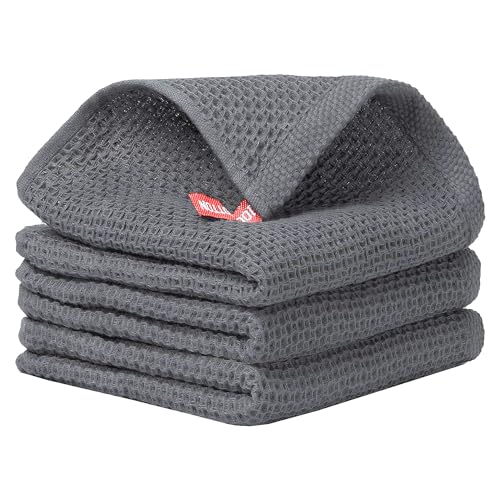 Image of Cotton Kitchen Dish Cloths, 3 Pack Super Absorbent and Lint Free Waffle Weave Dish Towels, Fast Drying Dish Rags for Washing Dishes, 13.4 X 13.4 Inch, (Dark Grey, Pack of 3)