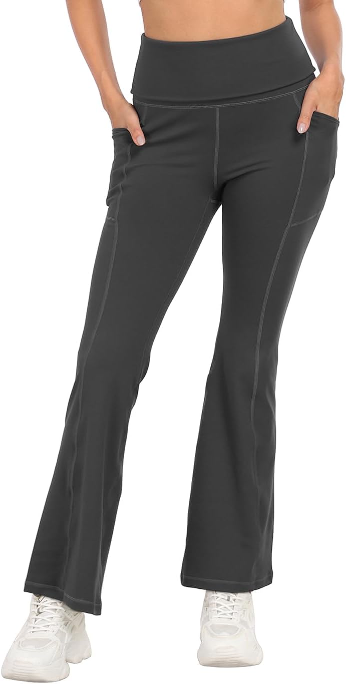HDE Women's Fold Over Yoga Pants with Pockets High Waist Flare Workout Leggings - Image 7