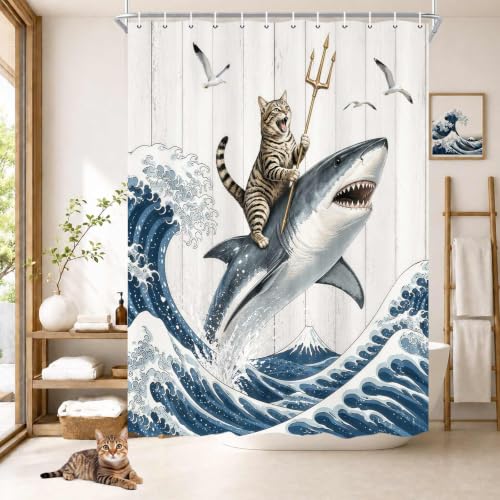 Image of Boziqr Funny Cat Shower Curtain, Cool Cat Shark Ocean Wave Bathroom Decor
