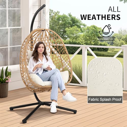LEX CRAFT Egg Chair with Stand, Patio Wicker Hanging Chair, Hammock Swing Chair, 350LBS Capacity for Bedroom, Balcony, Garden (YE-BE) - Thumbnail 5
