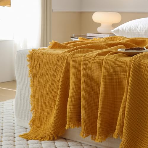 OranFran 100% Cotton 4-Layer Muslin Blanket with Fringes, 50"x60", Mustard