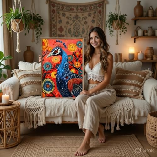 Image of Livin'luxe Colorful Peacock Folk Art Wall Painting with Wooden Frame | Vibrant Bird Artwork HD UV Laminated MDF Wall Decor | Modern Peacock Floral Art for Living Room Bedroom Home Decor