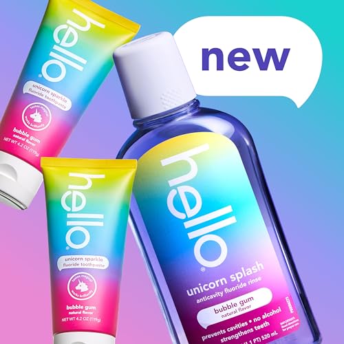 Image of Hello Unicorn Sparkle Kids Toothpaste with Fluoride and Unicorn Splash Kids Mouthwash with Fluoride Bundle Pack, No Alcohol Formula, Natural Flavor Bubblegum Mouthwash and Toothpaste