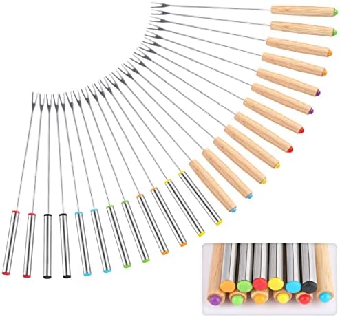 24 Pack 9.6 Inch Stainless Steel Fondue Forks, 12 Wood Handles and 12 Stainless Steel Handles, Heat Resistant Smores Sticks for Roast Meat Chocolate Dessert Cheese Marshmallows (6 Colors)