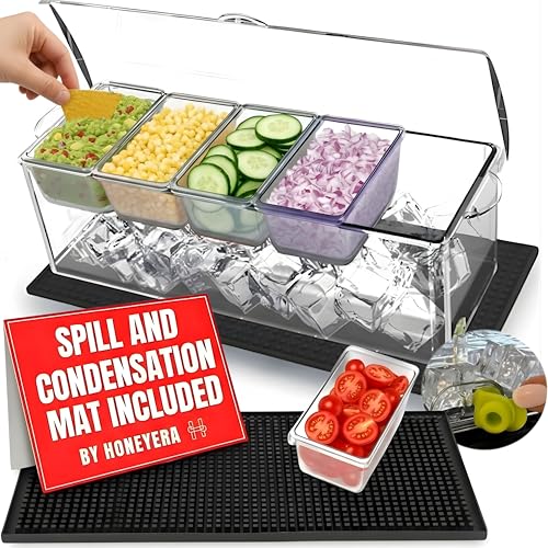 Honeyera Chilled Condiment Server | Hosting Essentials for Up to 80 Oz of Ice | Mimosa Bar Supplies Drain Plug | BPA-Free Taco Bar/Salad Bar | Food-Safe Condiment Caddy (Parent) (Black, 1 Pack)