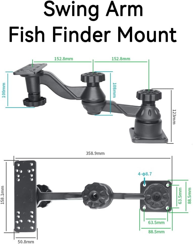 Strg Kayak Fish Finder Mount, Aluminium 11.4" Arm Fish Finder Swing Mount Boat Marine Electronics Mounts with Rectangular Plate Compatible with Garmin Lowrance Humminbird and More Depth Finder