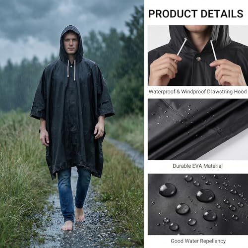 FunnAura 2 Pcs Poncho Waterproof Adult, Waterproof Reusable Rain Jacket with Drawstring Hood for Camping, Hiking Travel Men Women - Image 3