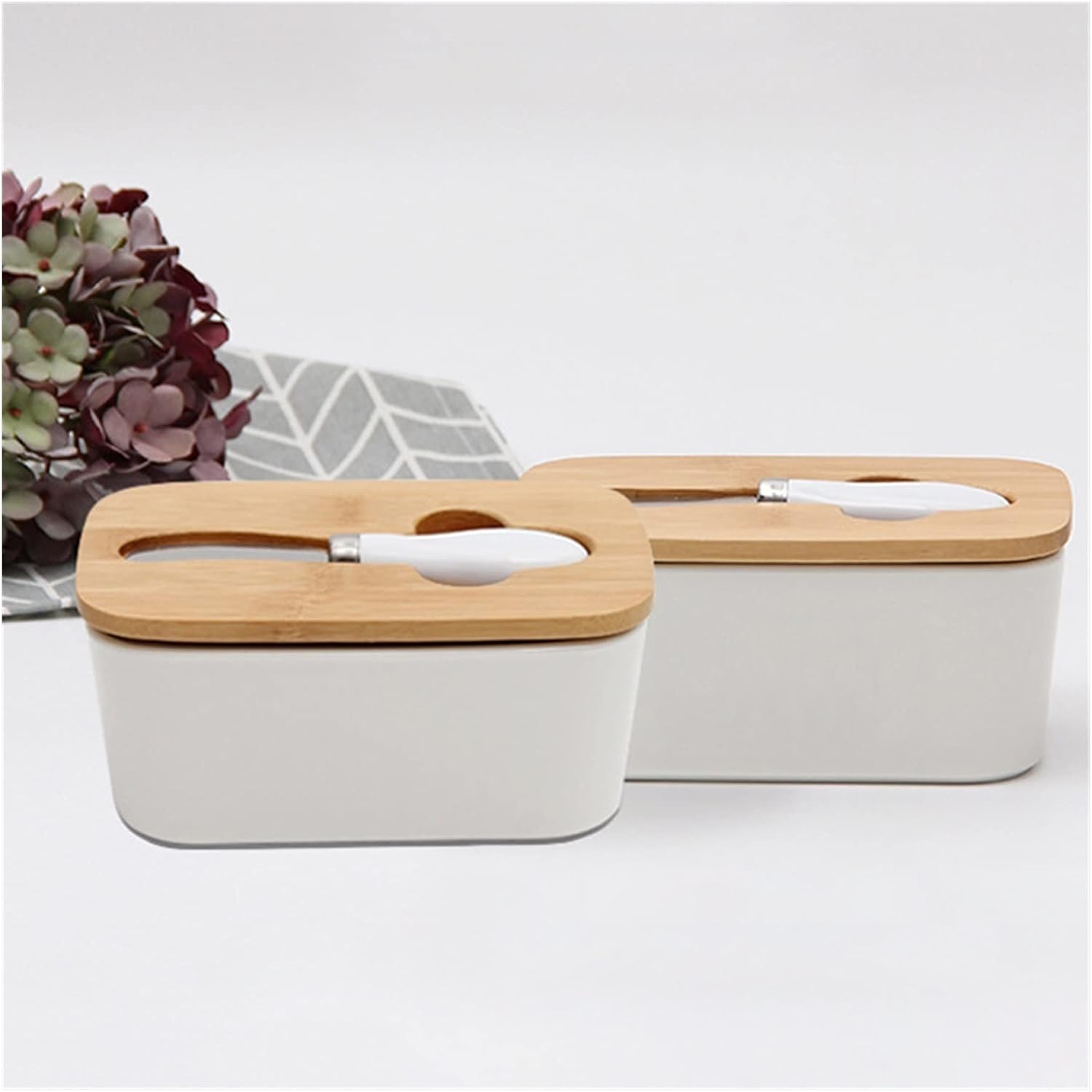 butter dish Ceramic Butter Plate Butter Sealing Box with Wood Lid and Knife Cheese Storage Tray Butter Dish White Container Box Butter Plate