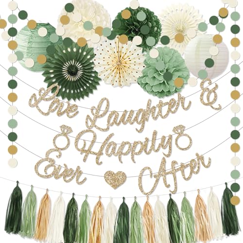 Bridal Shower Decorations,Sage Green Bridal Shower Decorations Includes Love Laughter Happily Ever After Decorations Paper Flower Ball Wedding Decorations for Home Party Bachelorette Party Decorations