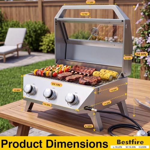 Image of Bestfire 3-Burner Tabletop Propane Gas Grill, 30,000 BTU Portable Propane BBQ Grill with Viewing Glass Lid & Thermometer, Stainless Steel Outdoor Cooking Grill for Camping, RV, Patio and Tailgating