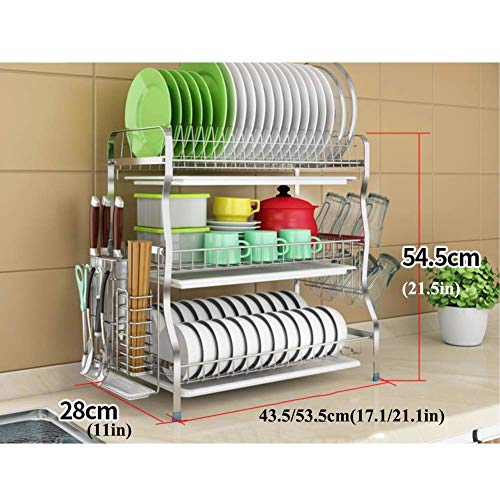 Geschirrtrockner mit Getränkehalter, 3 Tier 304 Edelstahl Geschirrkorb mit Besteckhalter Geschirrablauf für Theke Silber 44cm (17 Zoll)