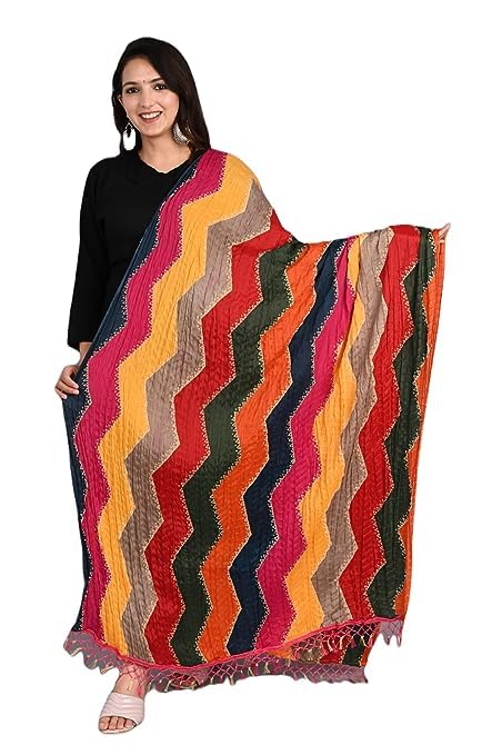 GenericWomen's Jaipuri Rajasthani Chinon Silk bandani Bandhej Dupatta With Lace Chunni (Multi Zig Zag)