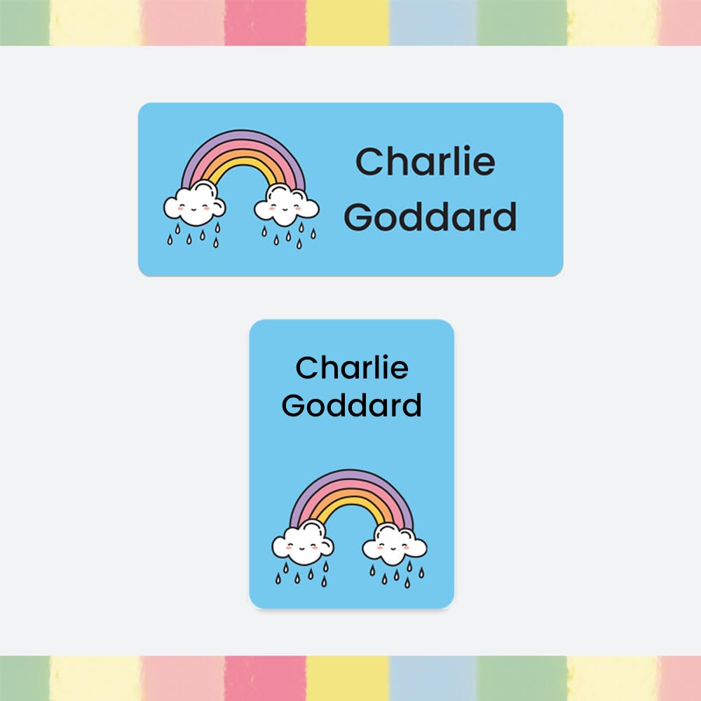 86 x Personalised Stick-On Waterproof Washable Name Labels Pack of 2 Sizes for Clothes, Water Bottles, School Uniform, Equipment, Shoes, School, Nursery, Day Care - Rainbow (SFP)