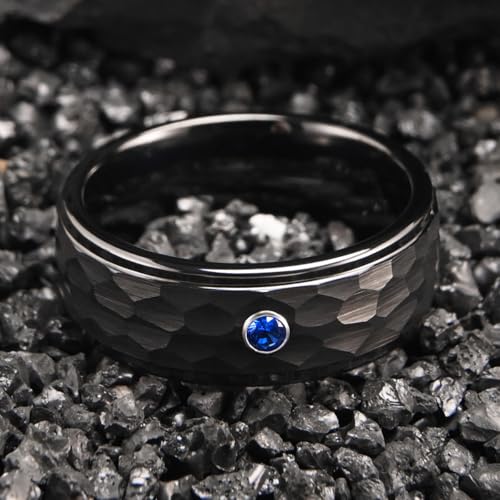 Tungsten Carbide Rings for Men Women 8mm Black Hammered Inlaid with Blue Zirconia Men's Engagement Wedding Bands Matte Brushed3