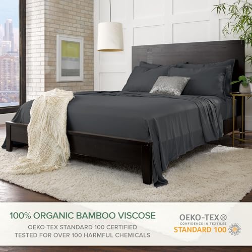 Image of Pure Bamboo Split King Sheets, Genuine 100% Organic Viscose Derived from Bamboo Bed Sheet Set, Soft & Cooling, Double Stitching, 2 Fitted Sheets (Split King, Charcoal)