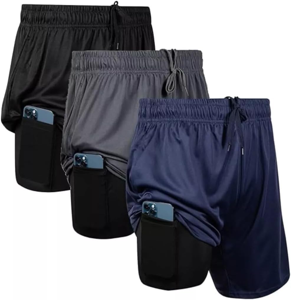 Kit 3 Short Duplo 2 Em 1 Corrida Treino e Futebol Bolso Externo e Interno Proteção Uv20+