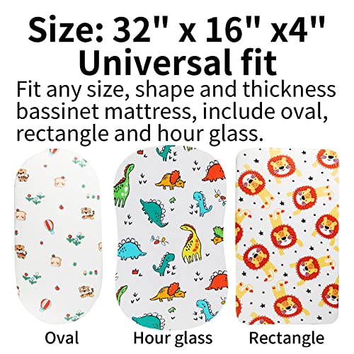 Bassinet Sheets Set 3 Pack For Baby Boy, Stretchy Soft Jersey Knitted Fitted Sheet Universal For Oval Rectangle And Hourglass Bassinet Mattress, Dinosaur, Tiger And Lion Printing #TOP3