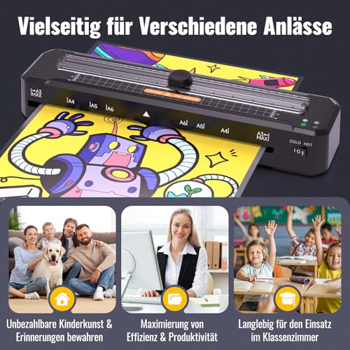 Laminiergerät A3 für A3 A4 A5 A6 A7 mit Laminierfolien, Heiß und Kalt Laminiermaschinen mit Papierschneider, Intelligenter Schutz Laminiermaschinen für Zuhause, Schule, Büro