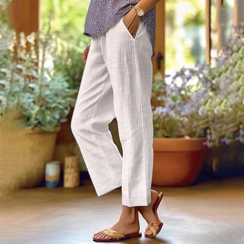 Women's Linen Pants Side Stripe Trousers Lightweight Casual Elastic Waist Straight Leg Beach Vacation with Pocket4
