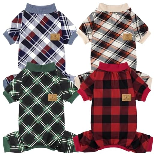 XPUDAC 4 Pack Dog Pajamas for Small Dogs Cats Plaid Dog Clothes Puppy Onesies Dog Christmas Pajamas Puppy Jumpsuits Pet Pjs Shirt Apparel (X-Small(2-3.5 LBS), Red Green Khaki Grey (Thin))