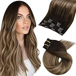 Moresoo Brown Clip in Hair Extensions Balayage 16 Inch Ombre Golden Brown with Honey Blonde Hair Extensions Clip in Real Human Hair 80g 5 Pieces Straight Hair #4/10/16