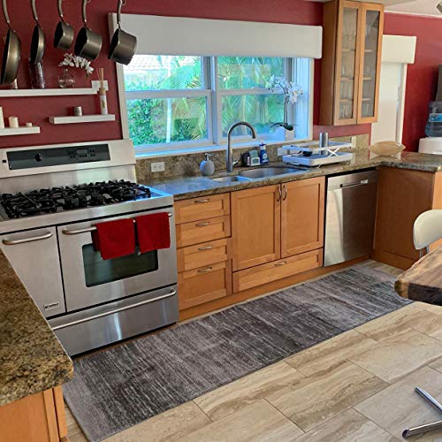 AMIDA Runner Rug for Hallway Washable Non Skid 2.3'x8.9' Grey Charcoal - Contemporary Abstract Stripe - Flat Weave - Non Shedding - Dog Friendly Easy Care - 9 Kitchen Runner Indoor Floor