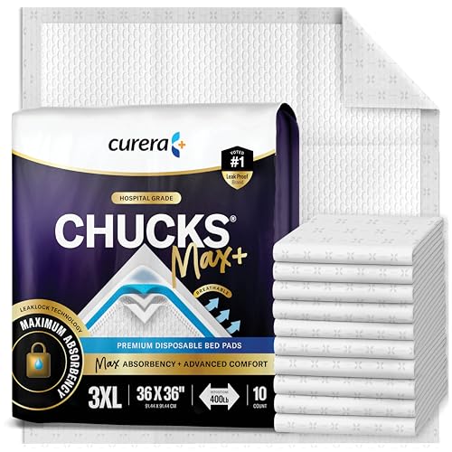 Chucks MAX+ Hospital Bed Pads Disposable Adult 36 x 36 Incontinence Pads - XXX-Large Pee Pads for Elderly Adults. Extra Heavy Duty Absorbency + Breathable Soft Padding, Repositioning Underpads 10-Pack