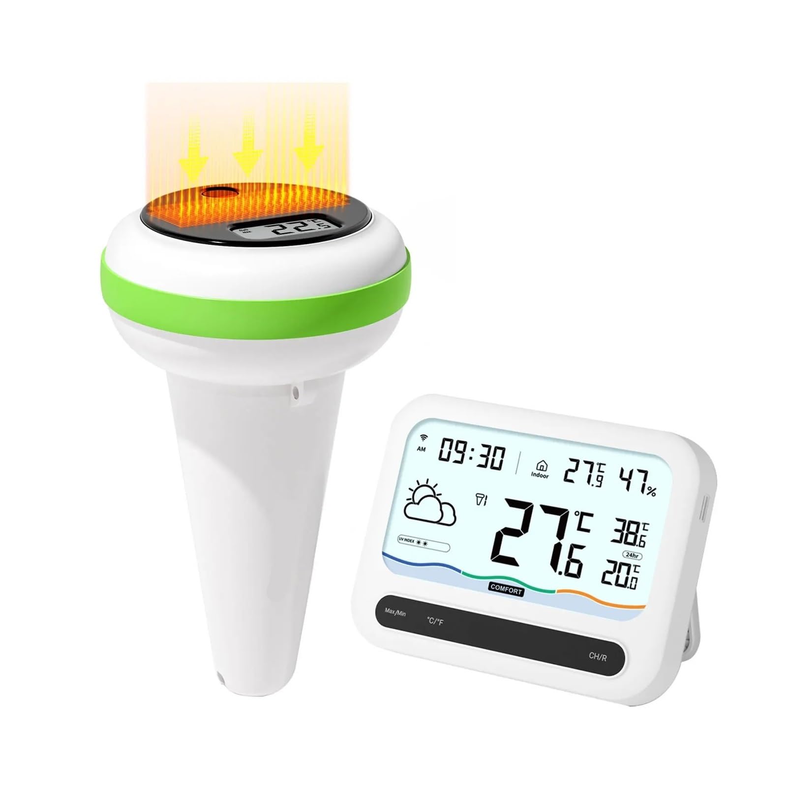 Drahtloses Poolthermometer-Set, solarbetriebenes Poolthermometer for den Außenbereich und Temperatur-/Feuchtigkeitsmonitor for den Innenbereich mit Wetterinformationen