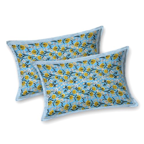 Image of BLOCKS OF INDIA Hand Block Printed 200 TC Cotton King Size Bedsheet (Blue GAD Buti)