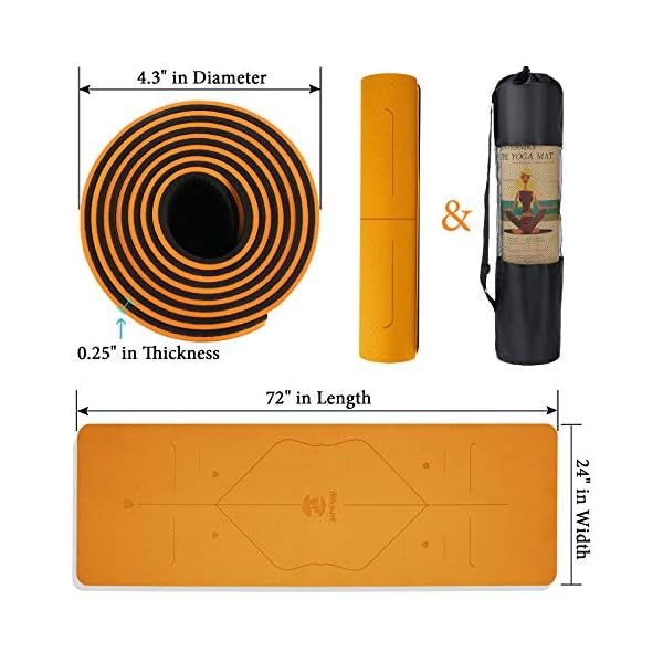 SaphiRose Non-Slip Yoga Mat with Alignment Lines TPE Home Fitness Eco-Friendly Exercise & Workout Mat with Carrying Strap Types of Yoga Orange+Black