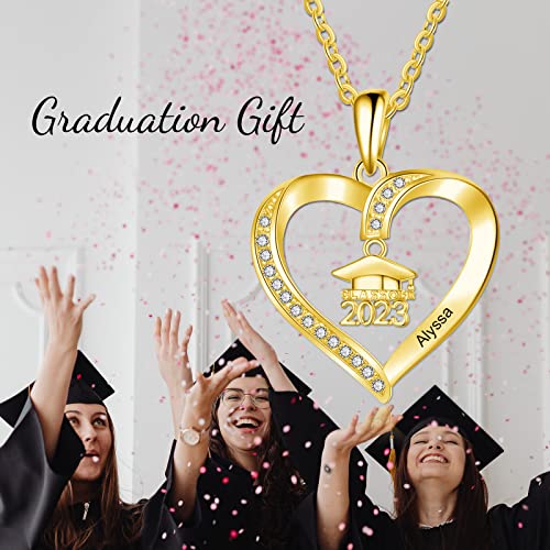 Dovran 9K/10K/14K/18K Solid Yellow Gold Personalized Graduation Necklace Customized Name Heart Necklace Engraved Name 2023 High School Graduation Jewelry Gift For Women #TOP5