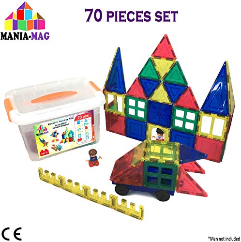 Bloques de construcción magnéticos ? 70 pzs: azulejos magnéticos XXL, ruedas de coche + caja fuerte de plástico de almacenamiento ?Juego Educativo y creativo ? Gran regalo para niños mayores de 3 años