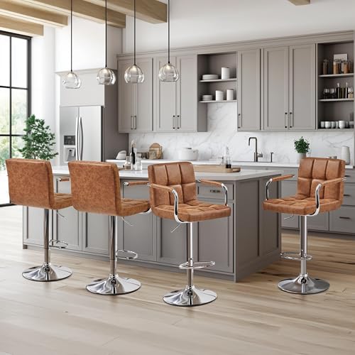Image of Yaheetech Bar Stools Set of 4 with Backs, Height Adjustable, Retro Brown