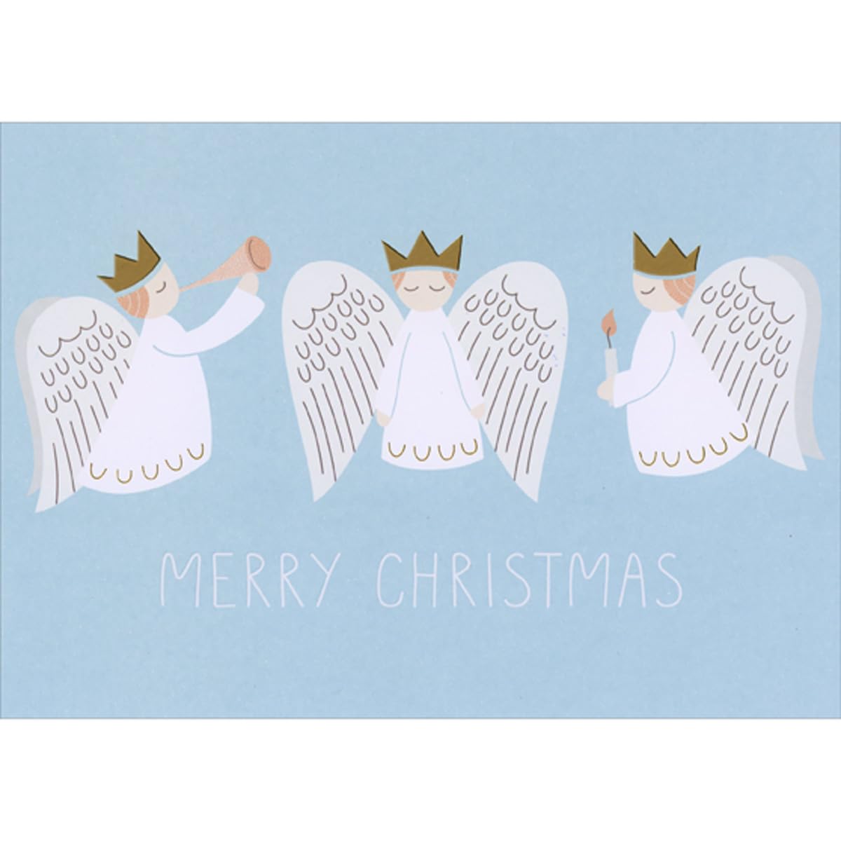 Designer GreetingsThree Cute Angels Wearing Gold Foil Crowns on Light Blue Box of 15 Christmas Cards