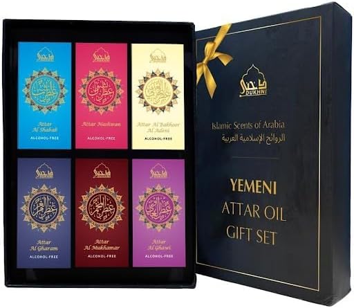 Dukhni Yemeni Attar Oil Set | 6 Assorted Roll-On Perfume Oils | Handmade Heritage Arabian Oudh, Musk & Amber Fragrance Oils | Premium Non-Alcoholic scents for Parties & Hajj & Umrah Gifting