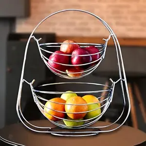 Counter Top Swinging 2 Tier Stainless Steel Fruit and Vegetable Basket - Modern Kitchen Storage Bowl Rack - Silver | Fruit Organizer Stand for Home & Shop Multipurpose Kitchen Accessories