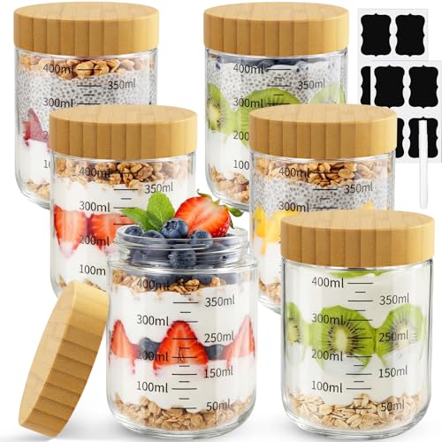 Otauoaea Lot de 6 Bocaux en Verre Gradué 470ml Overnight Oats Jar,Pot Yaourt Avoine en Verre avec Couvercles à Vis,Bocal en Verre Hermétique pour la Préparation des...