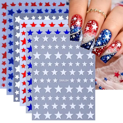 6 Sheets 3D Star Nail Stickers for Nail Art - Self-Adhesive Red Blue White Star Nail Decals Patriotic 4th of July Independence Day Nail Supplies Sticker for Women DIY Manicure Decor Nails Accessories