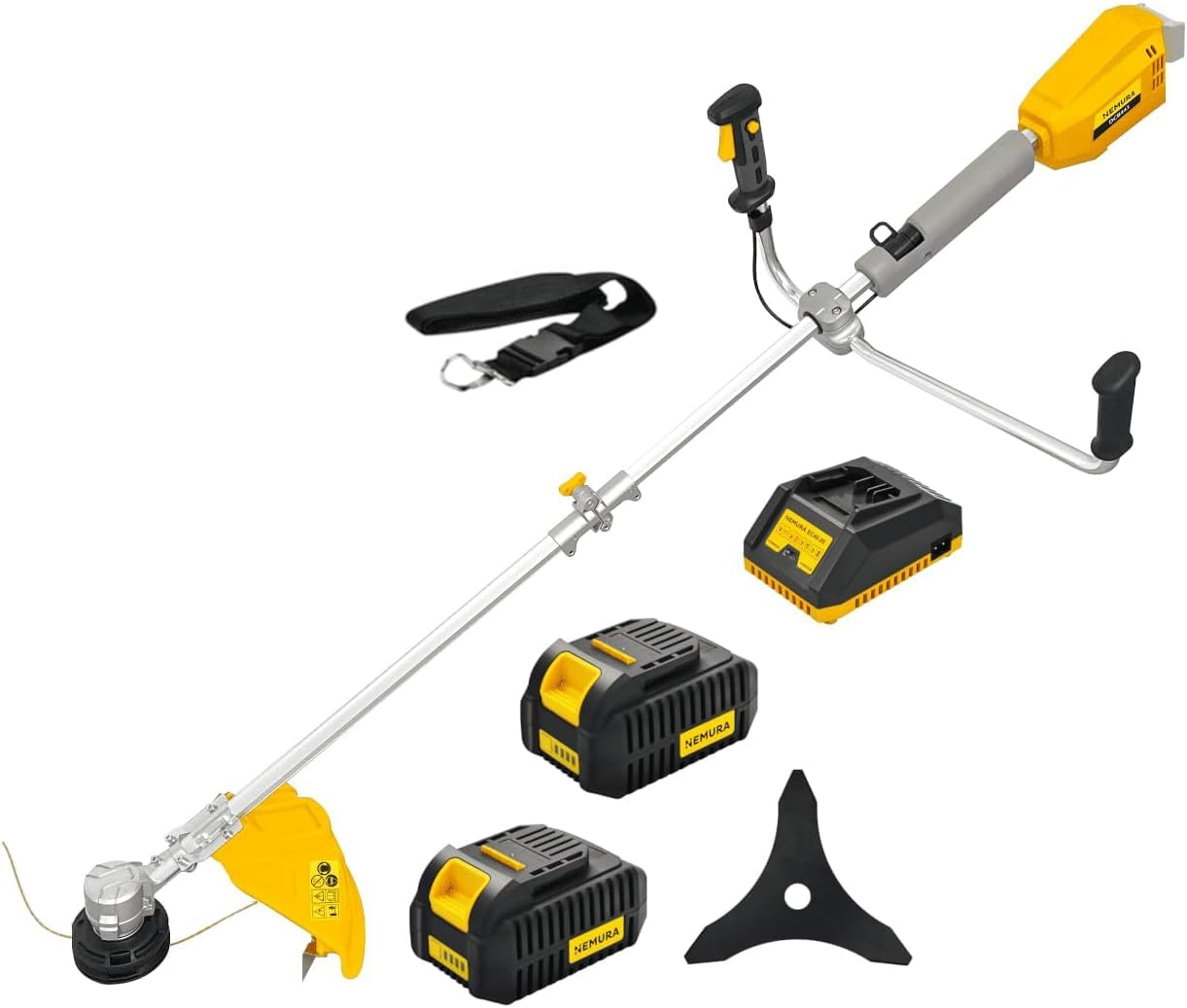 Nemura Brushcutter Battery 40 V – L: 43 cm + Cable + Blade + 2 x 4 Ah Batteries and Quick Charger – Quality Garden Tools – French Brand