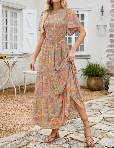 Zesica Women'S 2024 Summer Casual Floral Print Short Flutter Sleeve Crew Neck Smocked High Waist Flowy Maxi Dress,Greygreen,Medium thumb #1