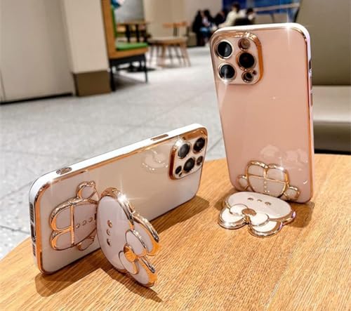 Image of KC Back Cover for Mi Redmi Note 14 Pro 5G - Hidden Bunny Mirror Folding Bracket Kickstand Electroplated Soft Silicone Camera Protection Case - Pink