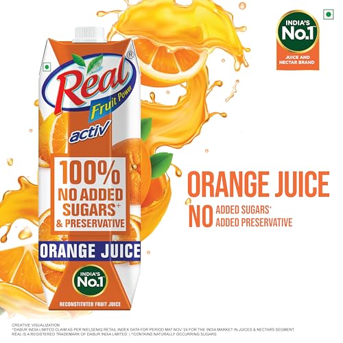 Image of Real Activ Orange Fruit Juice - 1L | 100% No Added Sugars & Preservatives | Rich In Vitamin C | Goodness Of Best Oranges | Tasty, Refreshing & Energizing Fruit Drink (Pack of 2)