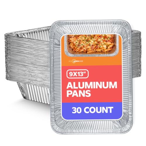 Image of GUSTO 9x13 Inch Aluminum Foil Pans [30 Count] Half Size Deep | Thicker 37.4 Gauge, Food-Safe Tin Disposable Trays, Freezer-Safe, Oven, Grill & Smoker Use, Fully Recyclable