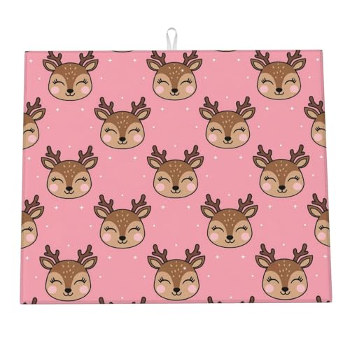 Tappetino Asciugare Piatti Cute Deer White Stars Pink Tappetini Bancone Cucina Poliestere Tappetino Scolastoviglie Per Bicchieri Tavoli Caffettiera 46X61Cm