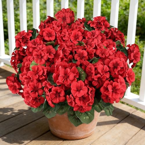 6 Bundles Red Artificial Geranium Flowers for Outdoors Spring Dec...
