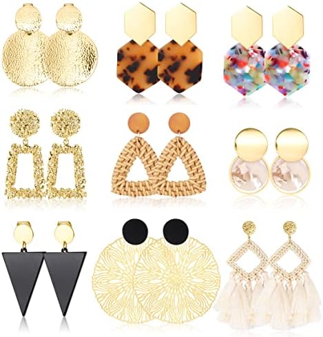 HAIAISO 9Pairs Clip on Drop Earrings for Women Statement Rattan Resin Acrylic Tassel Drop Dangle Earrings Lightweight Geometric Hoop Non Piercing Earrings-style 1