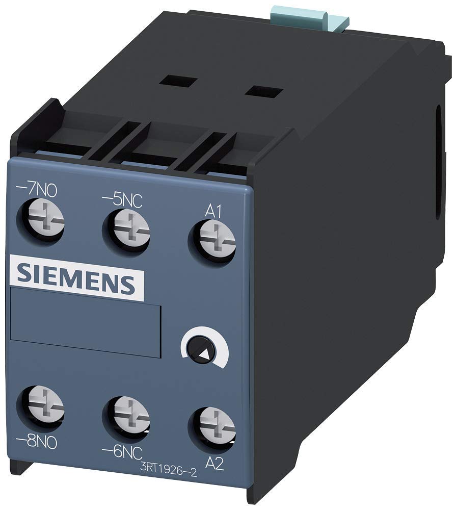 Siemens 3RT19 26-2FK31 Time Delay Auxiliary Switch Block, Solid State, Snap onto The Front Terminal, Off-Delay, S0 - S12 Size, 5-100s Time Setting Range, 100-127VAC Rated Control Supply Voltage